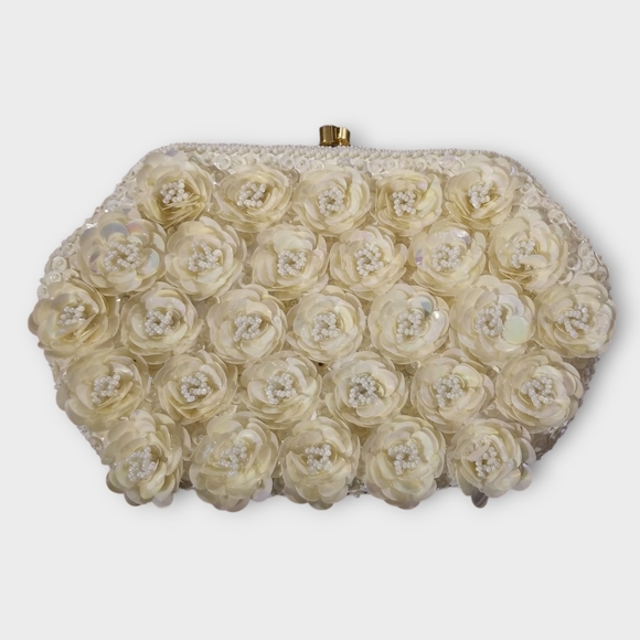 Vintage Ivory Sequined and Beaded Clutch Purse - Picture 1 of 3